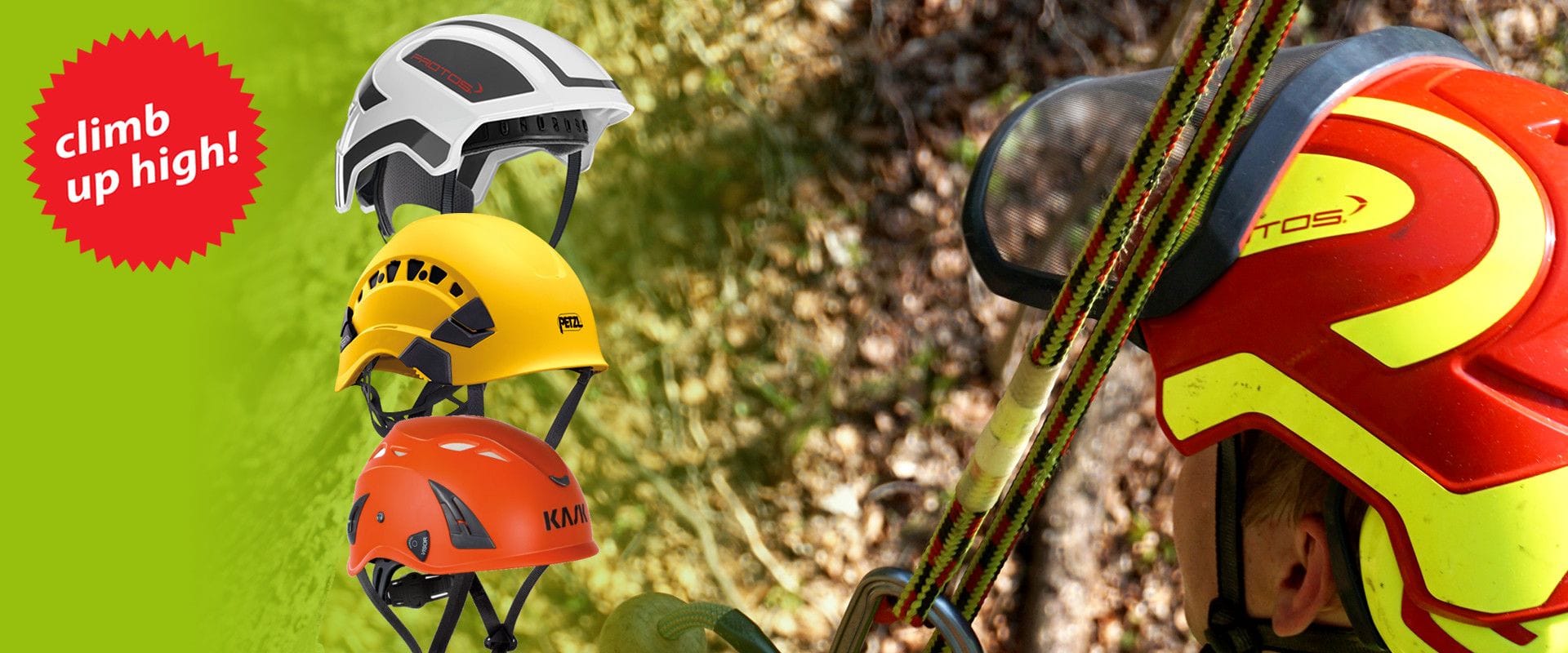 Climbing helmets in white, yellow and orange in front of a green backround.
