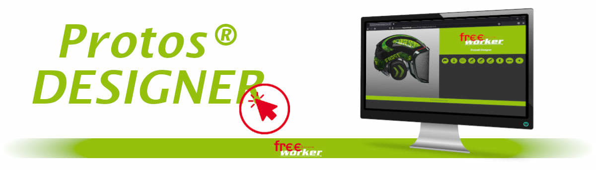 Ein Computer Bildschirm zeigt den Protos® Designer mit einem schwarzen Protos® Helm mit grüner Individualisierung