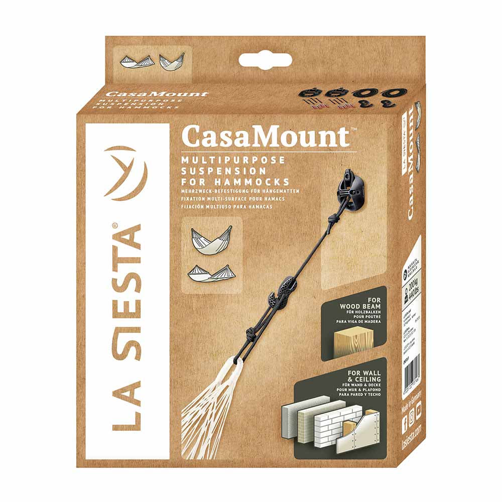 Packaging of the CasaMount Hammock by La Siesta in brown with white and black lettering and illustrations of the hammock attachment