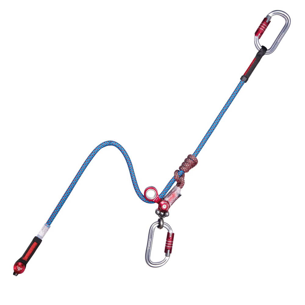 Gyro Lanyard Single, Climbing Rope with Two Carabiners, Blue-Red Rope and Red Metal Parts