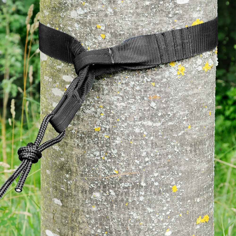 Black belt with knot and rope of the TreeMount Hammock of La Siesta tied around a tree trunk