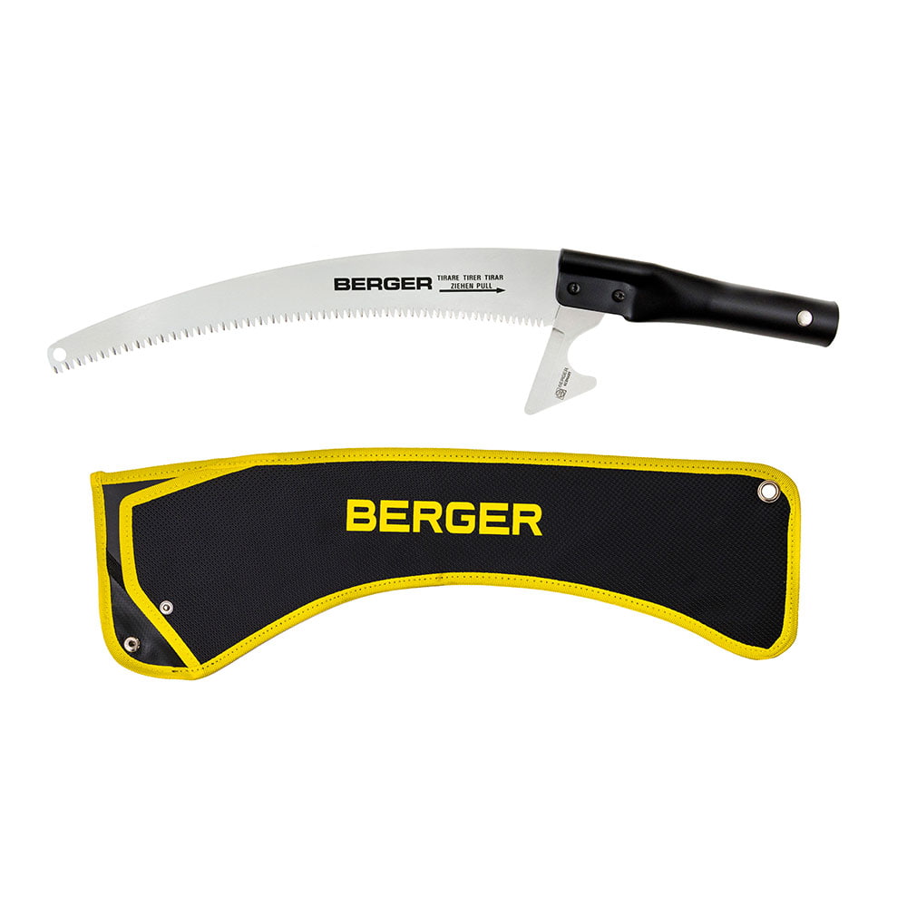 ArboRapid Head 300 by BERGER, a curved saw with a black handle and silver blade, plus a black protective cover with yellow rim and BERGER logo