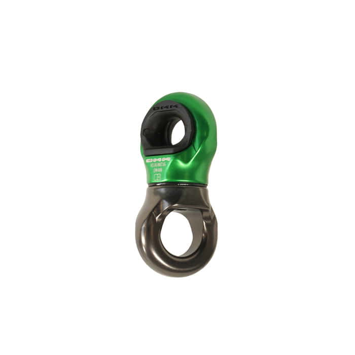Mini-Swivel, green and black metal part with two round openings, side view