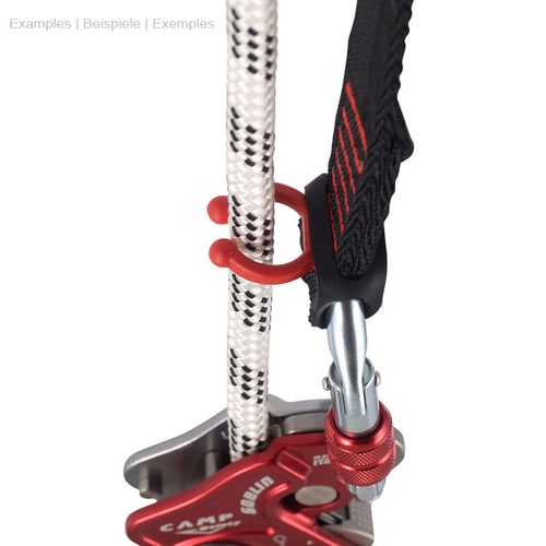 Goblin Rope Surfer, red plastic clip attached to a white rope next to a metal device with red lever and black strap