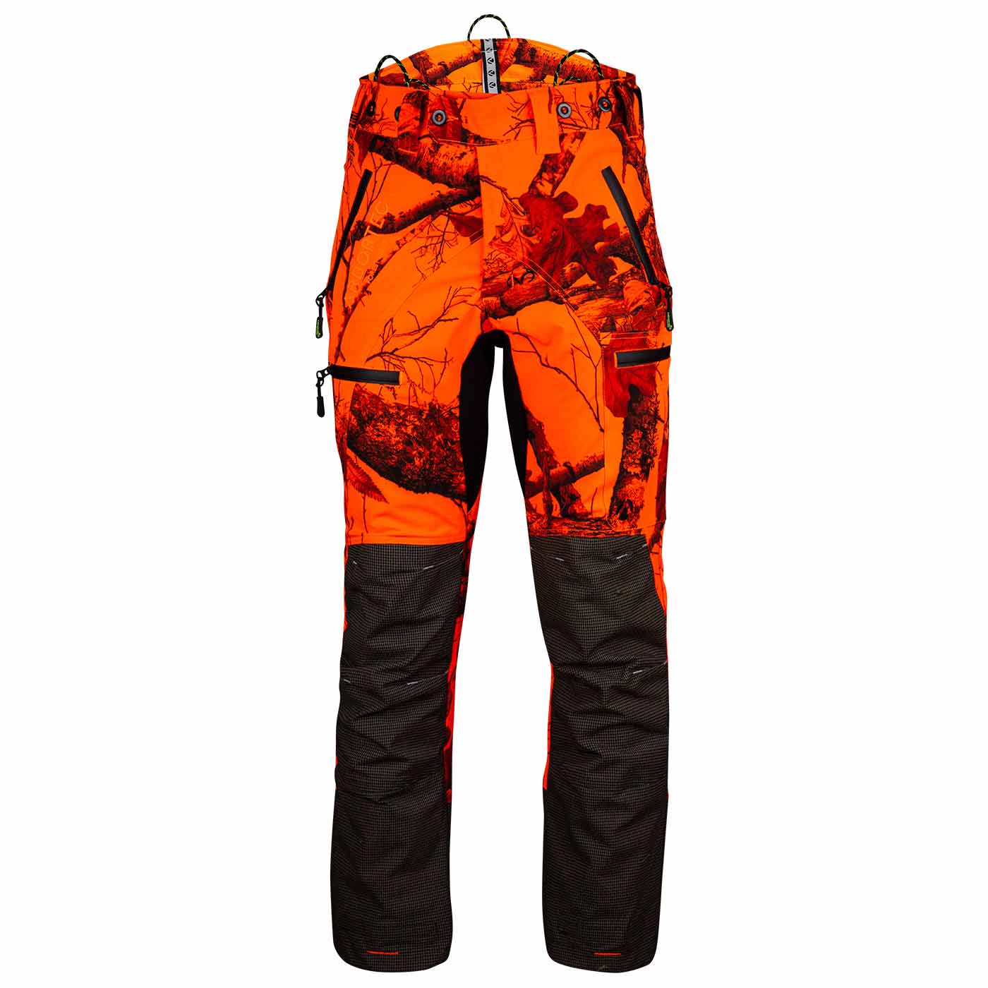 Breatheflex Pro Realtree pants in orange with black camouflage pattern and black knee reinforcements, front with multiple zippered pockets