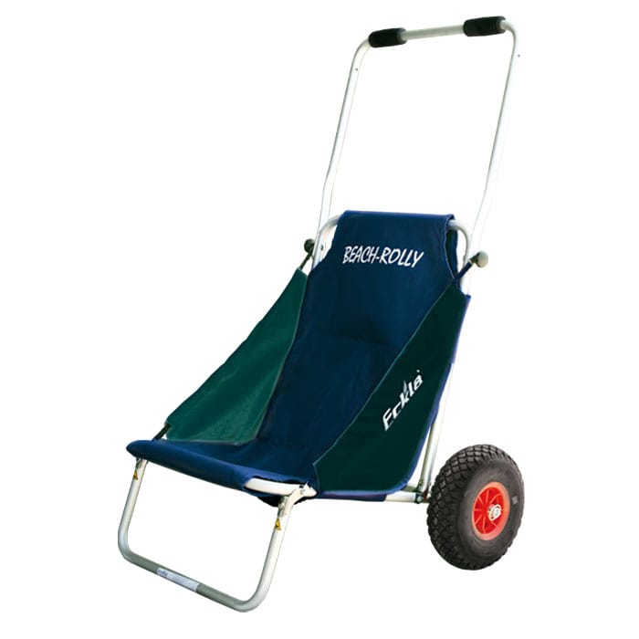 Beach Rolly Beach Wheelchair with Blue-Green Fabric and Aluminum Frame, Two Big Red Hoops Are Visible