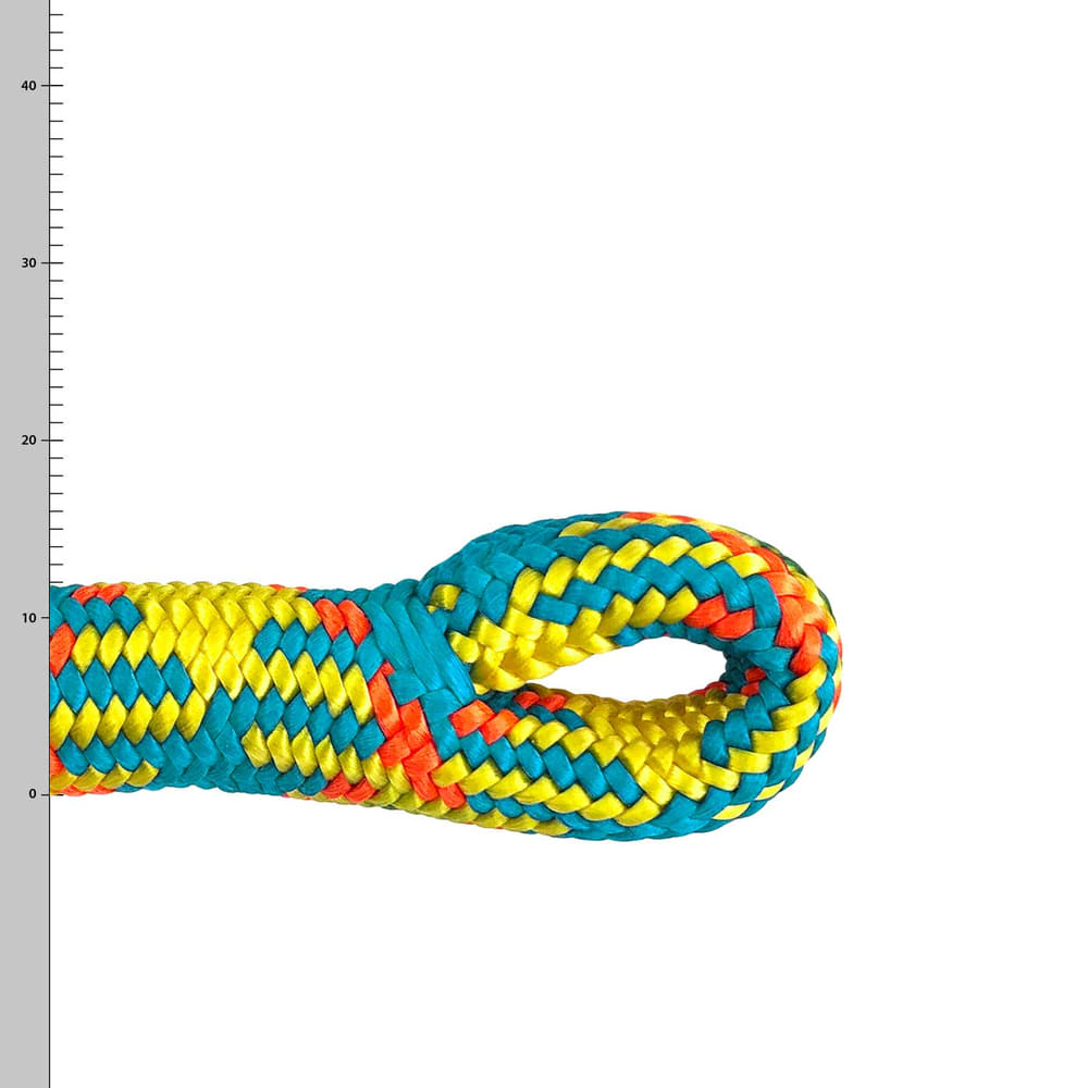 drenaLINE spLIFE, colorful climbing rope loop in yellow, blue and orange with woven structure and scale in the background