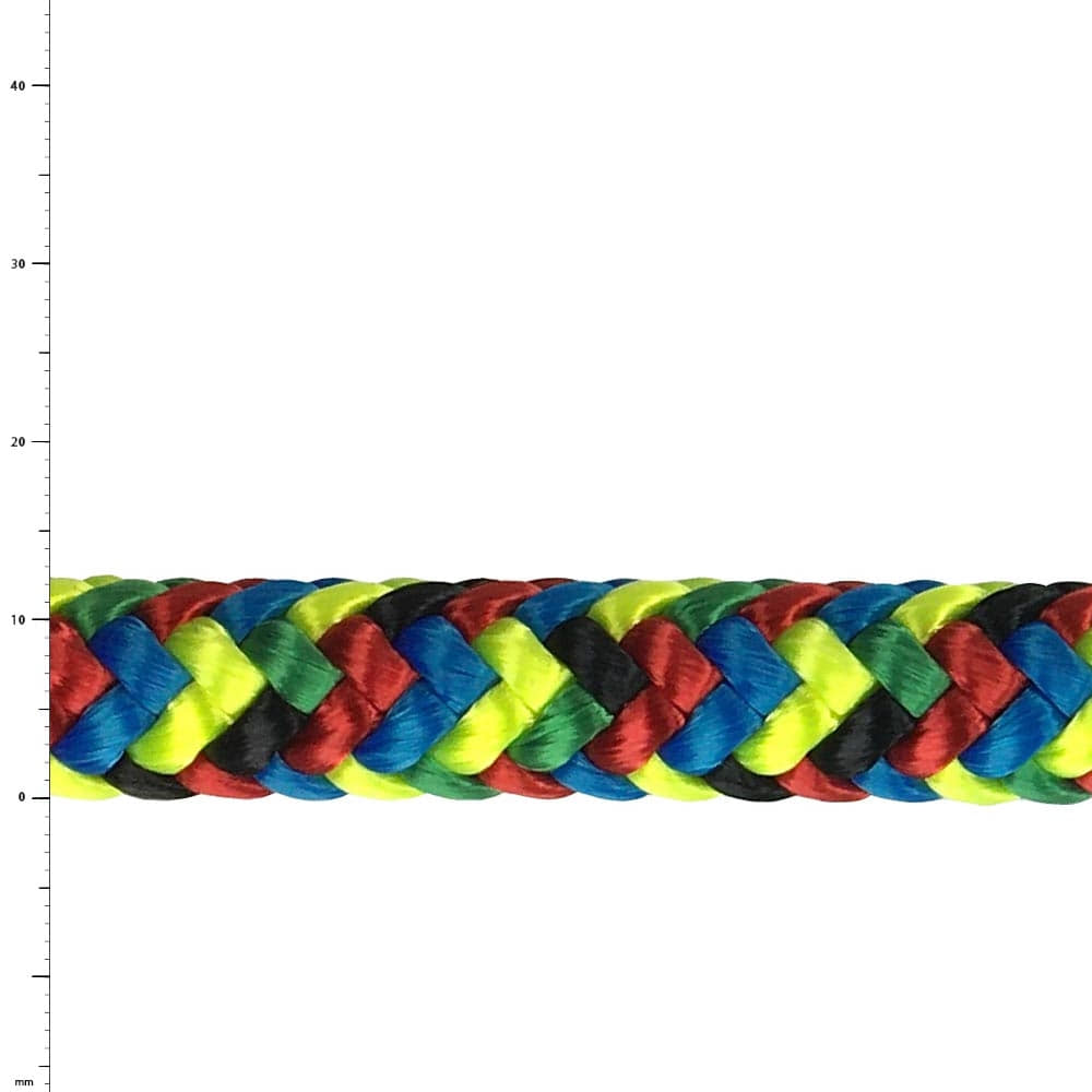 XP-e Seychelles colored braided rope in yellow, red, blue, green and black colors, close-up