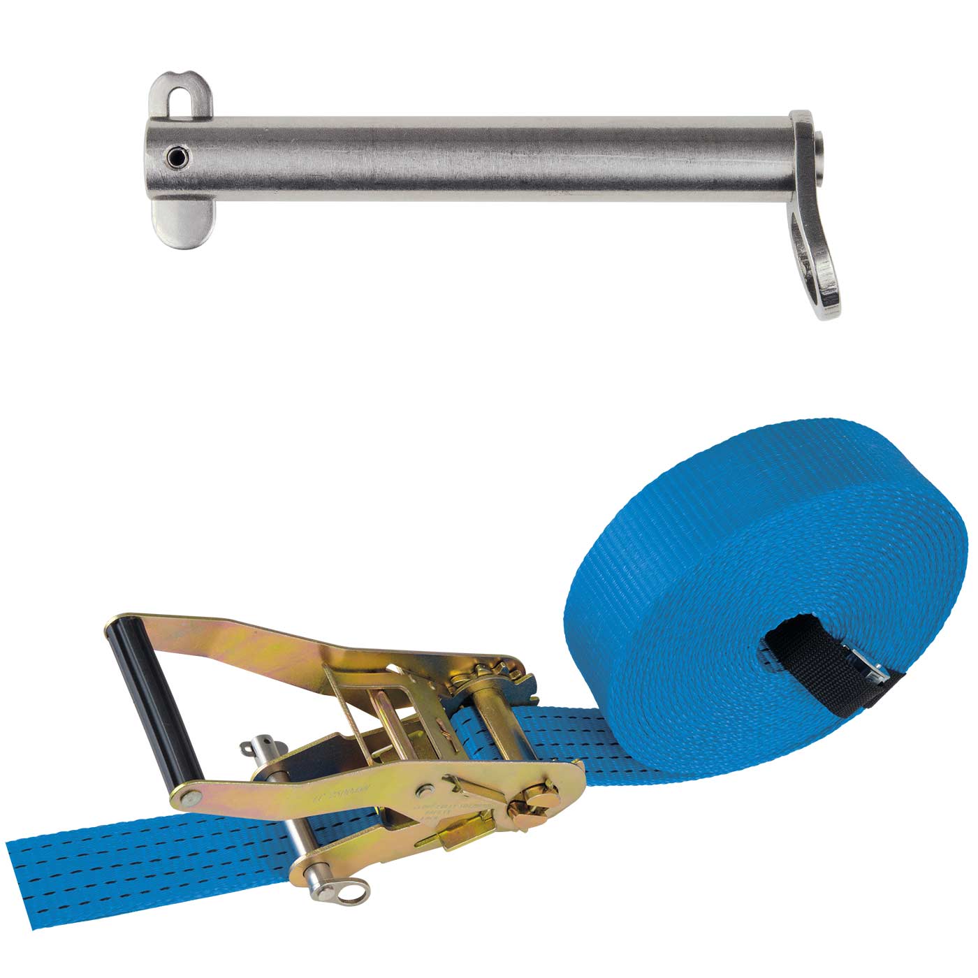 Metal pin and blue ratchet with handle and strap