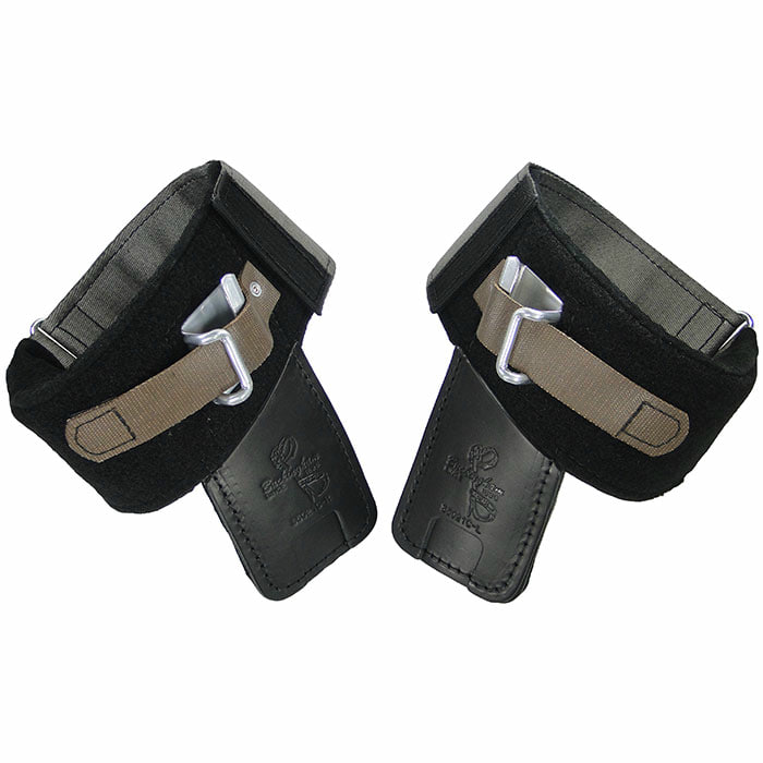 Wrap Pads Steel Buckalloy, Two Black Padded Wrist Straps with Gray Fabric, Metal Hooks and Black Leather Tabs with Logo and Text