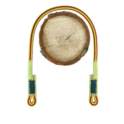 XP-e lanyard, red and yellow rope with two loop ends, on a wooden disc background