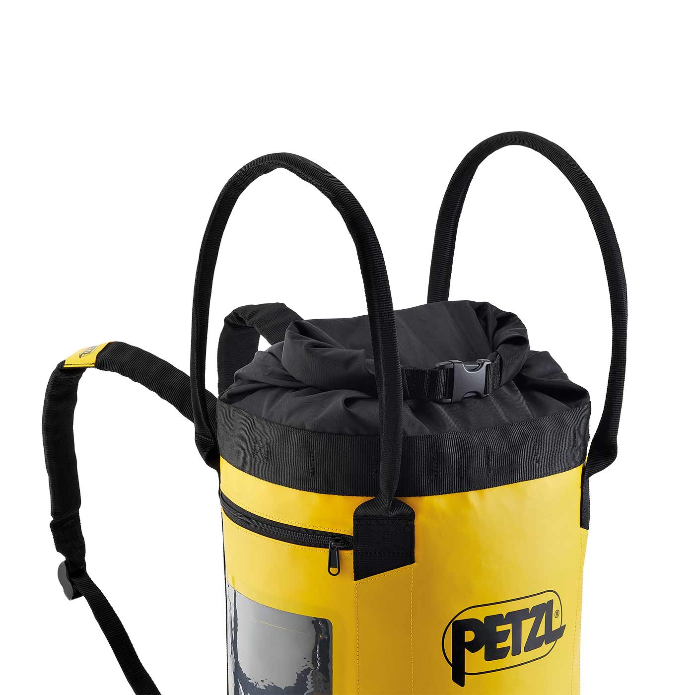 Yellow and black PETZL Bucket 30 container with carrying straps and zipper pocket, side view