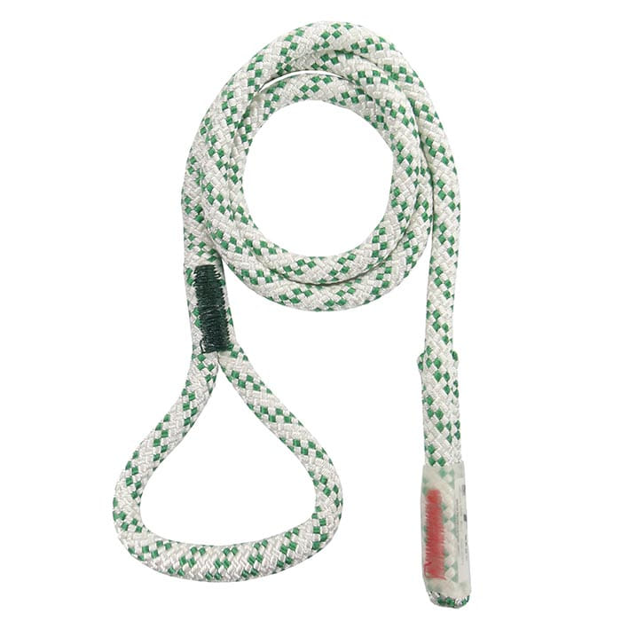 pulleySAVER 2.0 rope, white and green braided rope with a loop at the end and reinforced seam