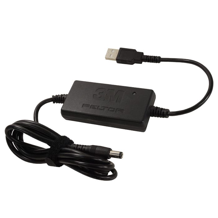 Lite Com FR09 USB charging cable from 3M Peltor, black USB charging cable with rectangular adapter and two cable ends, one with USB plug and one with round plug.