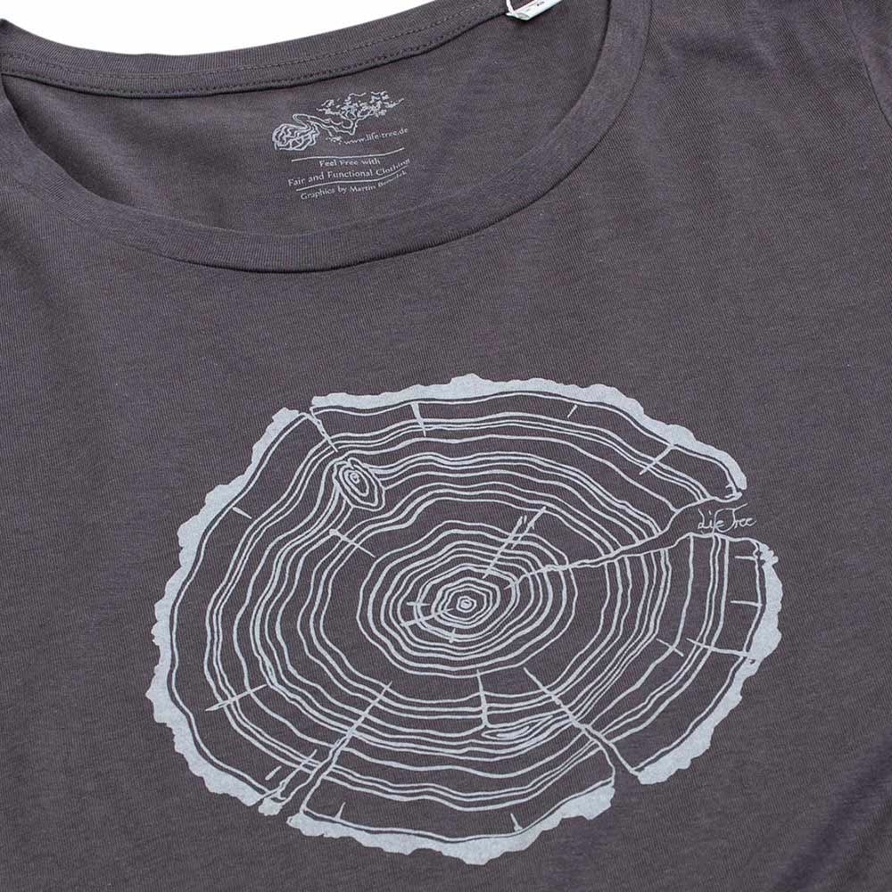 Close-up of a gray Treeslice Women T-shirt with white tree trunk cut design on the front and visible crew neck