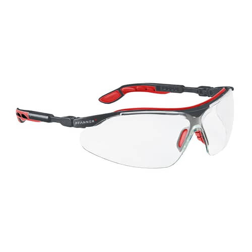 Nexus safety glasses from Pfanner with clear lenses and red details on the temple