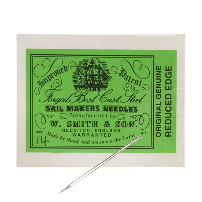 Rigging Needle with Green Label, Manufacturer W. Smith & Son, Size 14, Lettering "Forged Best Cast Steel Sail Makers Needles", "Original Genuine Reduced Edge" Visible