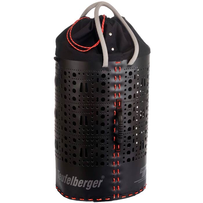 ropeBUCKET 80, black cylindrical container with many holes, black drawstring closure at the top, grey handle loops, red stitching and grey lettering "Teufelberger"