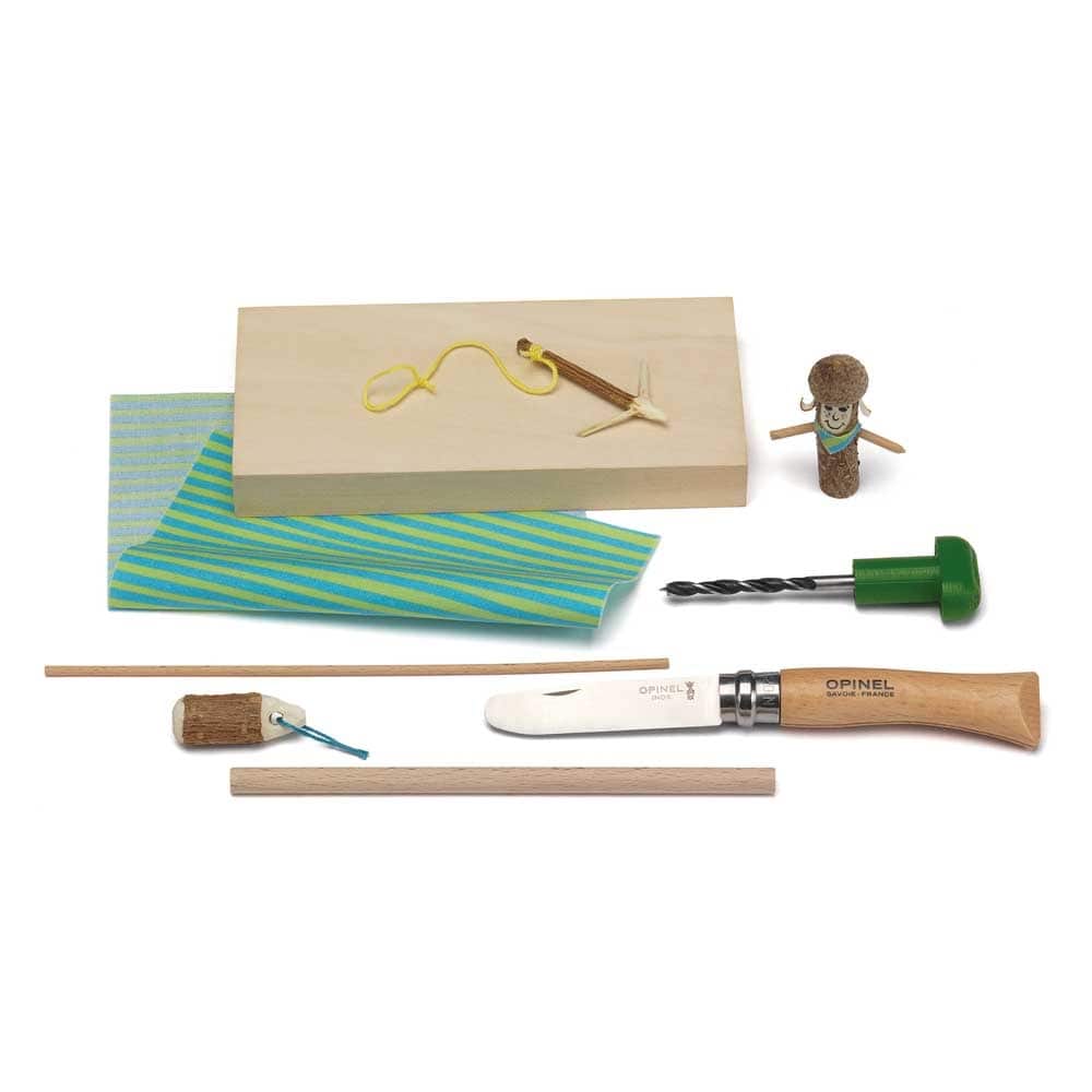Kosmos Carving Set with Wooden Block, Blue-Green Striped Fabric, Opinel Children's Carving Knife with Wooden Handle, Drill with Green Handle, Wooden Rods and Small Wooden Figures