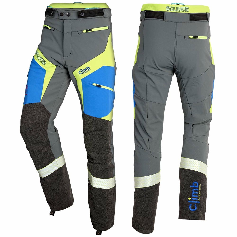 Climb cut-resistant trousers by Solidur in grey, blue and yellow with multiple zippered pockets and reinforced black knee and lower leg areas, front and back view