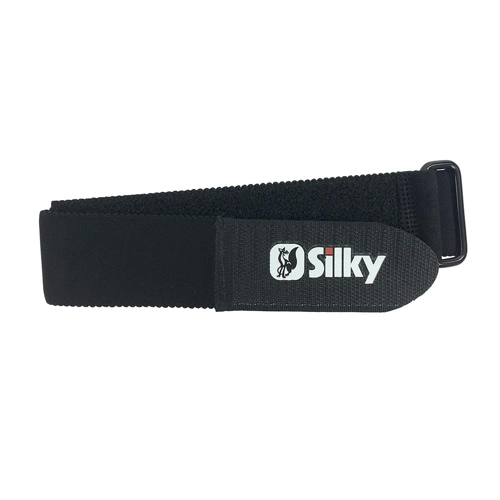 Silky leg straps in black with Silky logo on a rectangular fabric label, lying flat with buckle on the right side