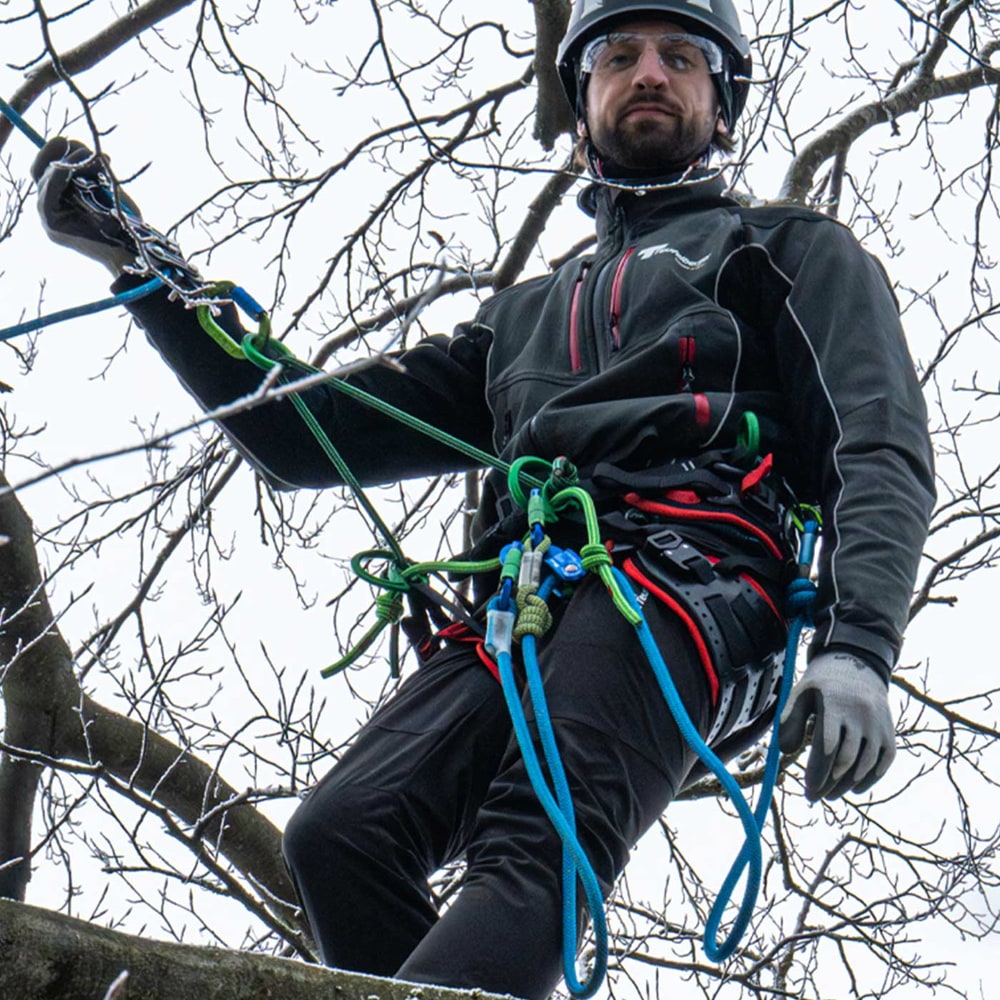 Man wearing the treeMOTION Pro X climbing harness with several blue and green ropes, black clothing, helmet and goggles in a tree, manufacturer Trufilanger