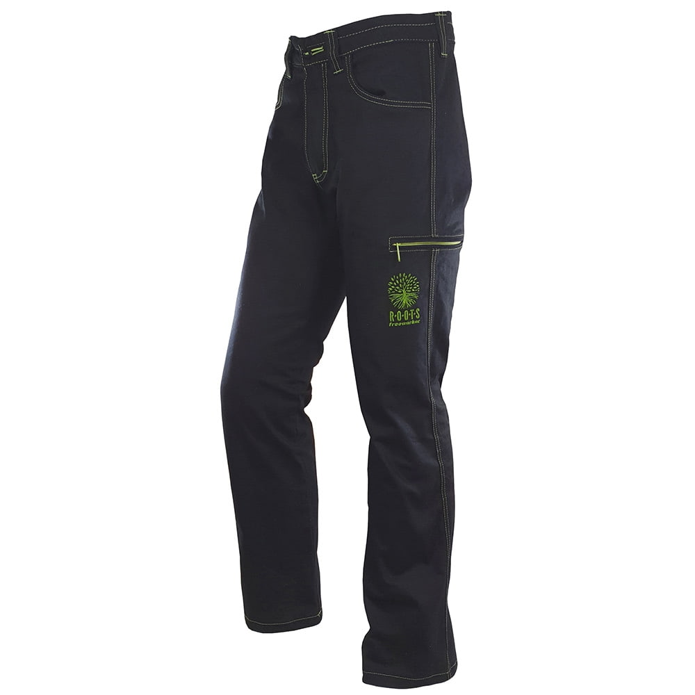 Roots Pure outdoor pants in black with green stitching and green embroidery of a tree and lettering "ROOTS freeworker" on the trouser leg