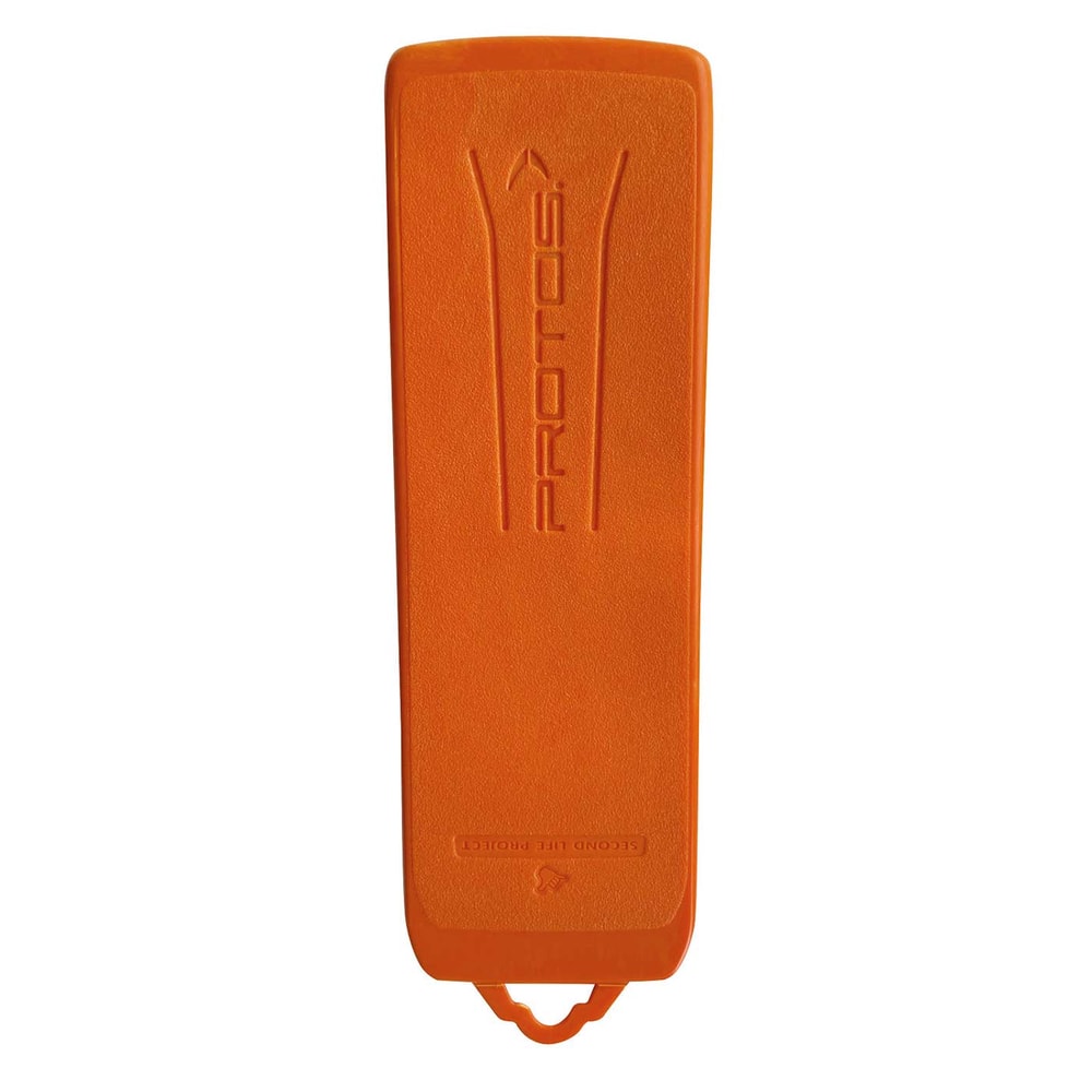PROTOS® felling wedge orange from above with embossed PROTOS lettering and a small eyelet at the tip