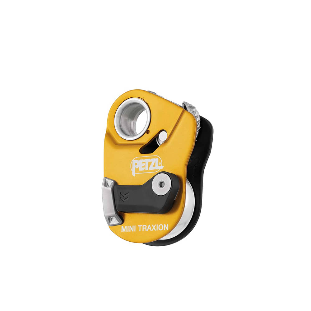 Petzl Mini Traxion Pulley in Yellow and Black with Metal Eyelets and Lever