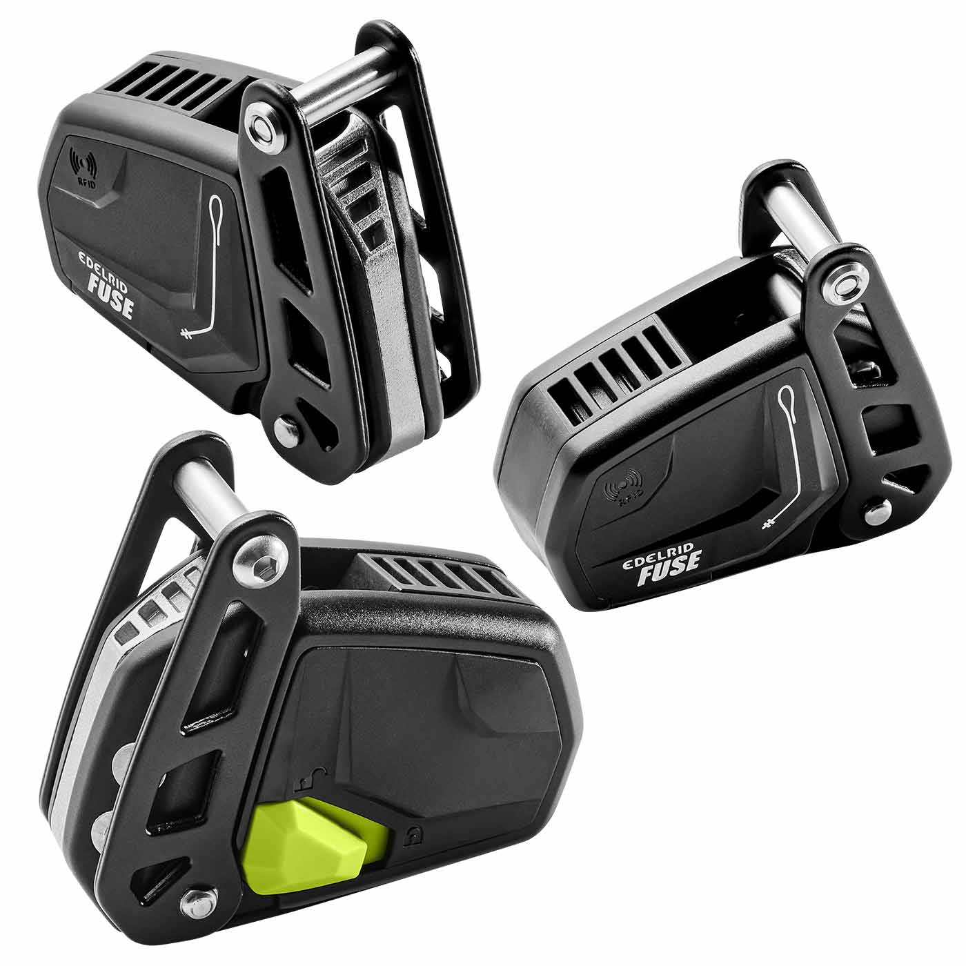 Three Edelrid Fuse Devices in Black with Green Lever from Different Perspectives on White Background