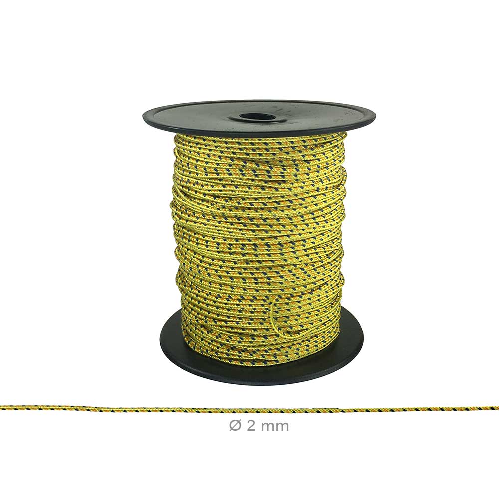 Multicord yellow-black rope with pattern on black spool, diameter 2 mm, product name visible on the spool