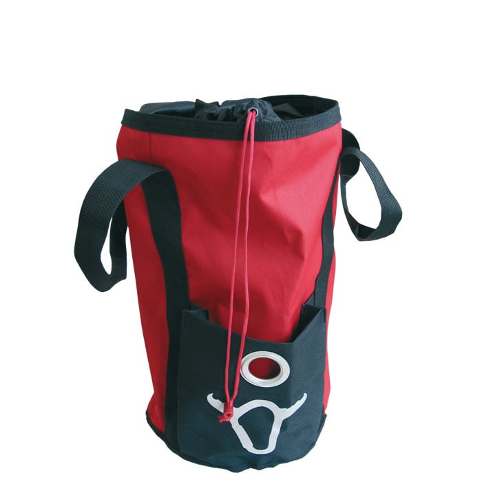 Maxi red and black pouch with carrying handles and cord closure, without visible manufacturer or type