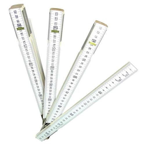 Geometer scale with white segments and black numbers, partially fanned out