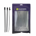 Cable ties NFC Tag, black cable ties in three different views next to a transparent packaging with a purple border and the lettering "Scannable"