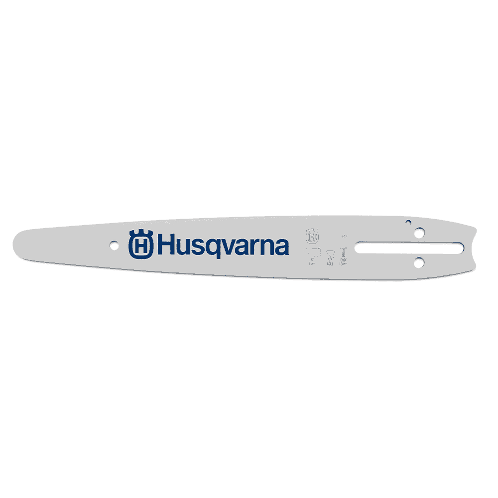 Carving rail 10 / 1/4 from Husqvarna in white with blue Husqvarna logo and several mounting holes, close-up of the rail with technical symbols and indications