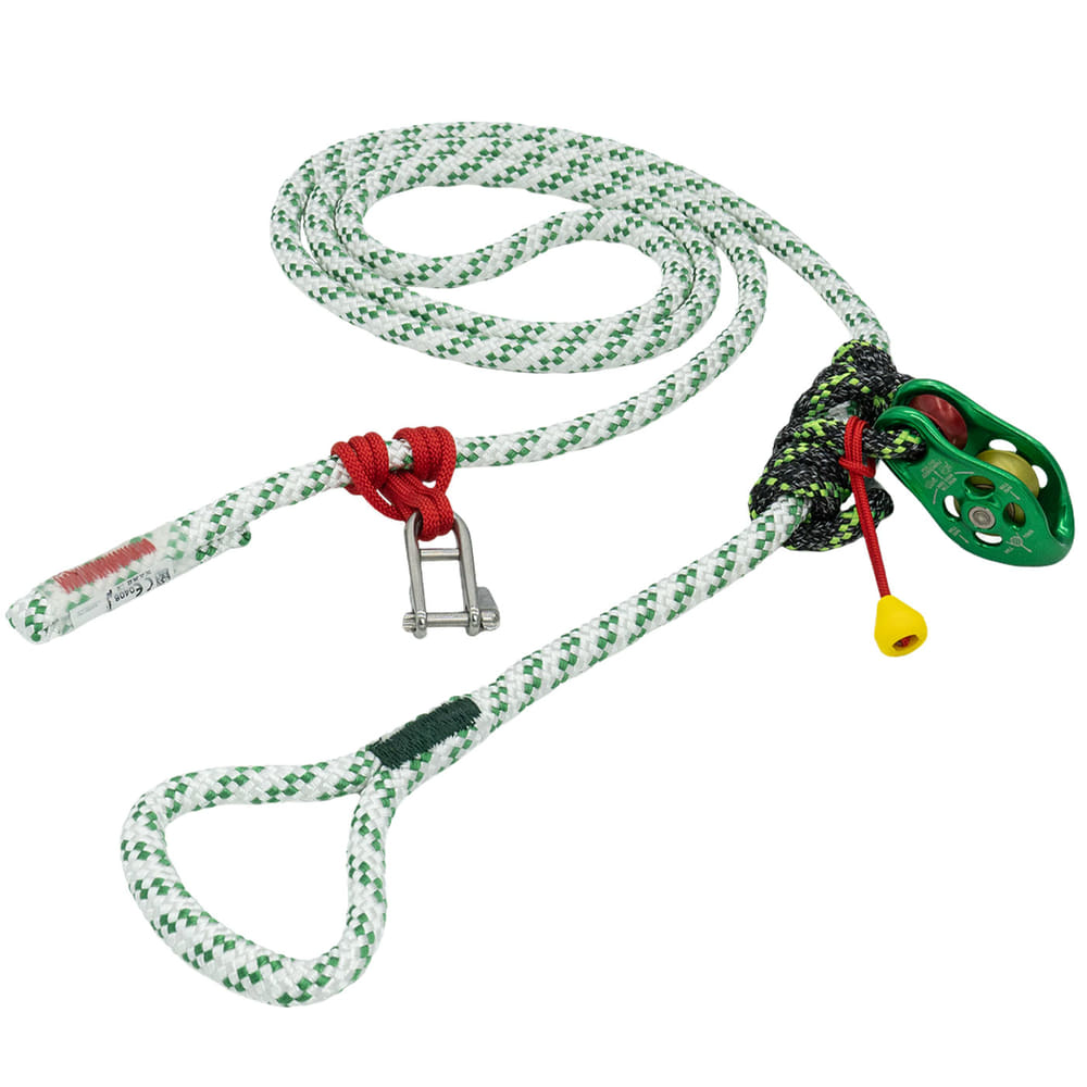 pulleySAVER with white-green rope, red knot and metal bracket, green pulley element wrapped with black and green rope and red safety rope with yellow end