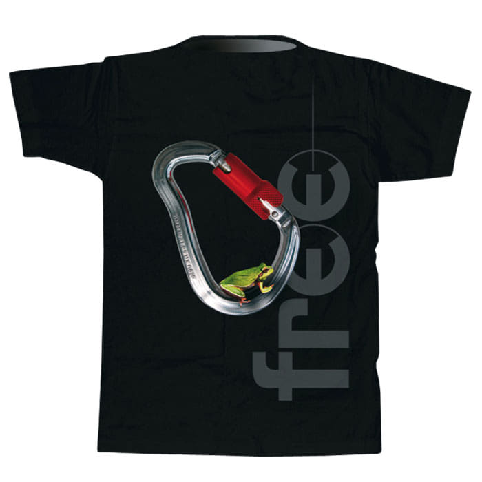 Black T-shirt, back with the same print as front: silver carabiner with red closure and small green frog inside, next to it the lettering "free" in grey, product name Tree Frog