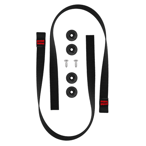 Kinisi hip/leg connection, black band with red stitching, four black plastic rings and two small silver screws