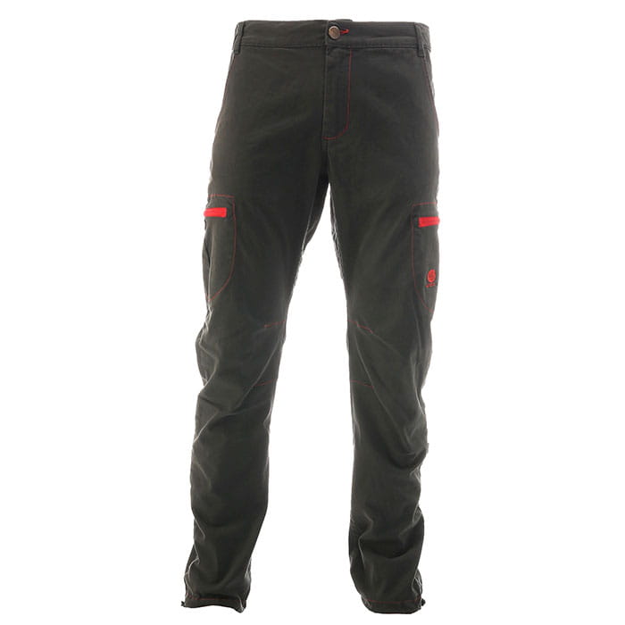 Cargo Pants Heavy in dark grey with red accents on the side pockets, straight cut and button closure
