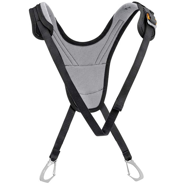 Bretelle with padded grey fabric and black adjustable straps, two metal carabiners at the ends