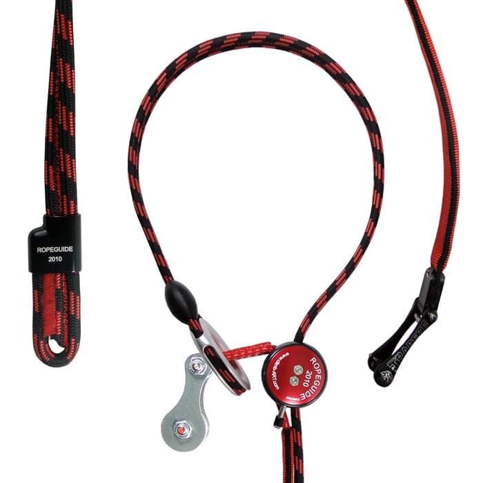 RopeGuide 2010 Link 2 pulley with red and black rope, close-up with metal parts and black clip