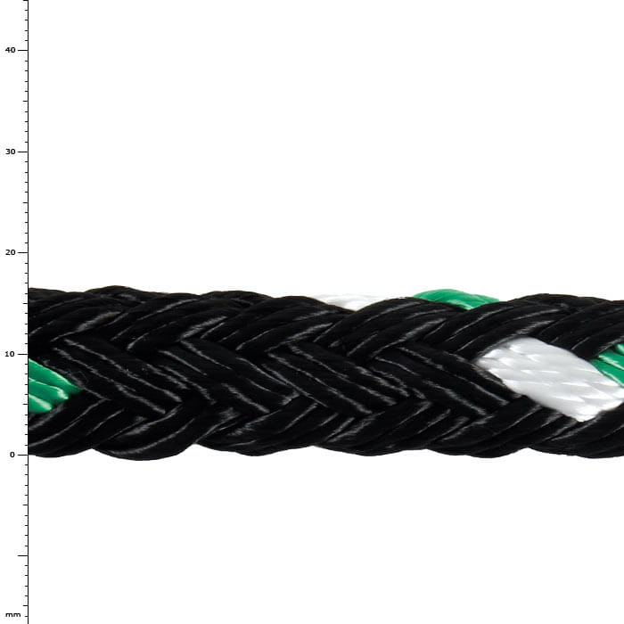 GEFA 4T PES green, close-up of a black-green-white braided rope made of polyester