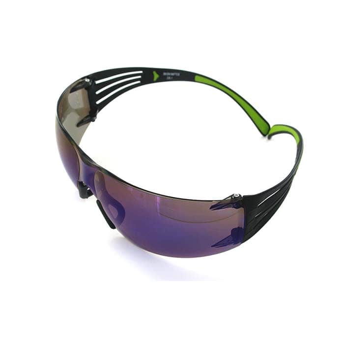 SecureFit 400 safety glasses with black frame and purple tinted lenses, green accents on the temples