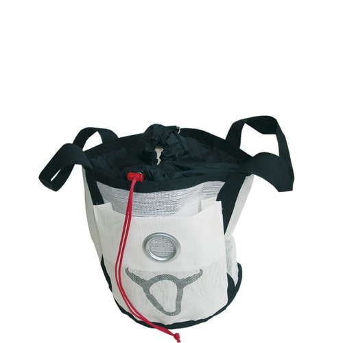 Net Bag, White Mesh Bag with Black Inner Pouch, Four Black Handles and Red Drawstring