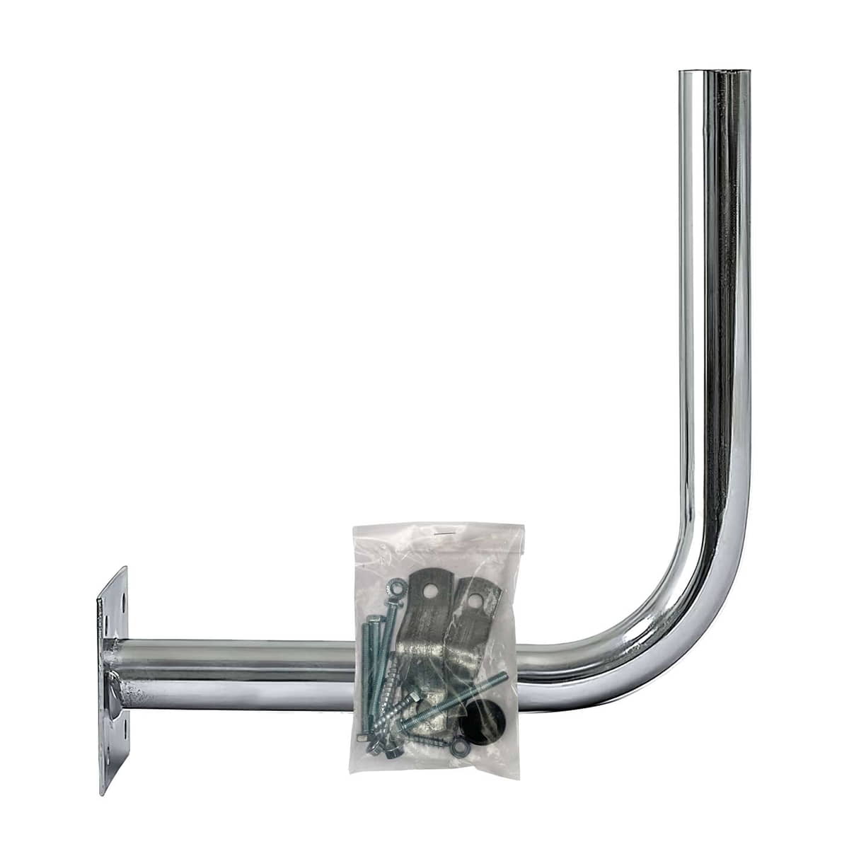 Wall bracket for EPOS reference station made of chromed metal with mounting screws and parts in a transparent plastic bag
