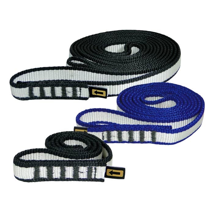 Sling 16, three coiled sling straps in black and white, blue and white with black markings and small black labels with yellow arrow