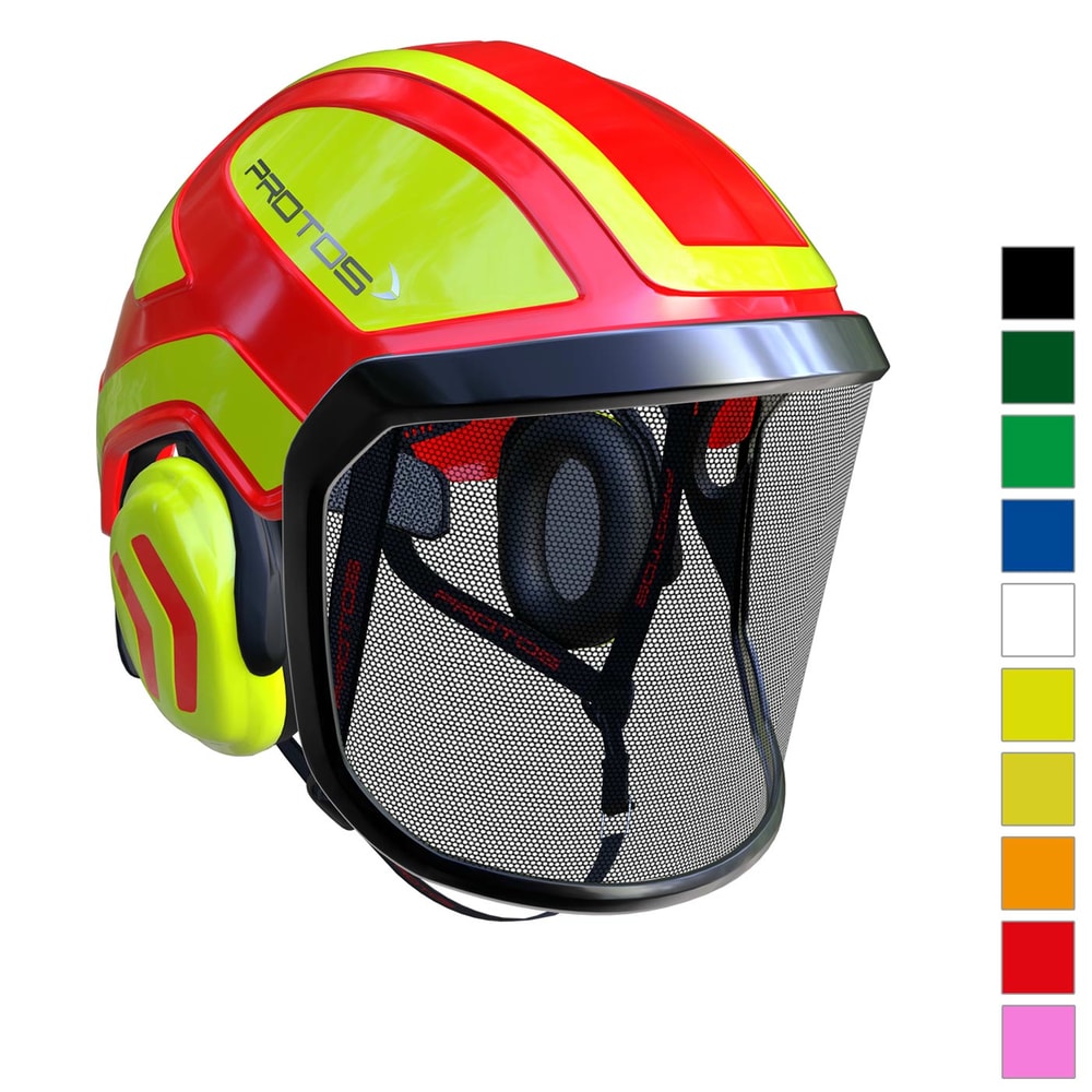 PROTOS® Tree Care helmet in red and yellow with integrated hearing protection and black protective net at the front