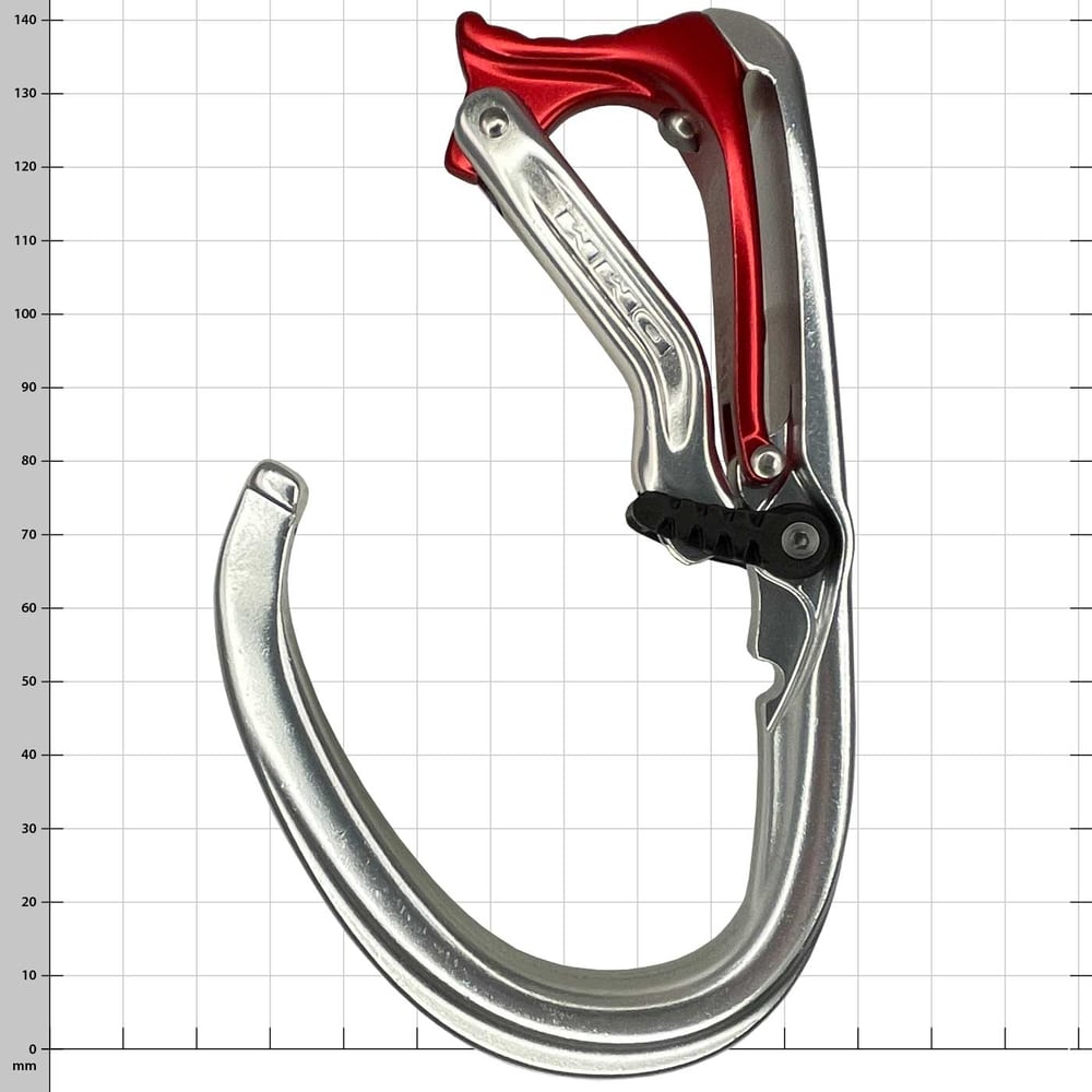 Mega Vault carabiner in silver and red with open clasp, product name and manufacturer visible on the carabiner