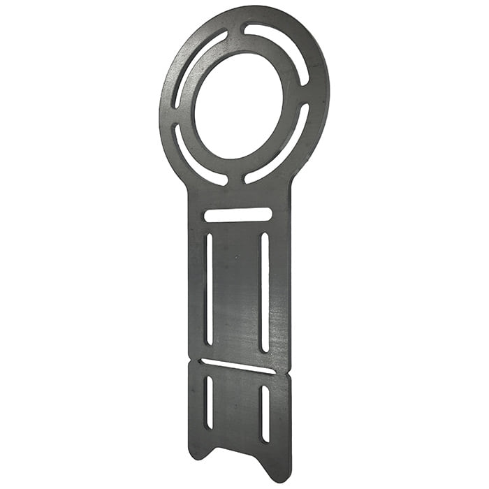 Mounting plate long, grey metal plate with oval and rectangular cut-out, without visible manufacturer