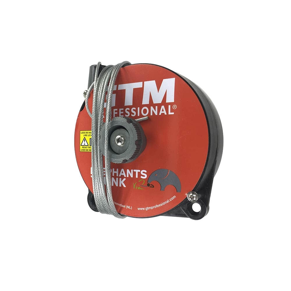 Elephant ́s Trunk 2 cable from GTM Professional, round red case with black rim and wound steel cable, inscription GTM Professional and Elephants Trunk v2 on the front